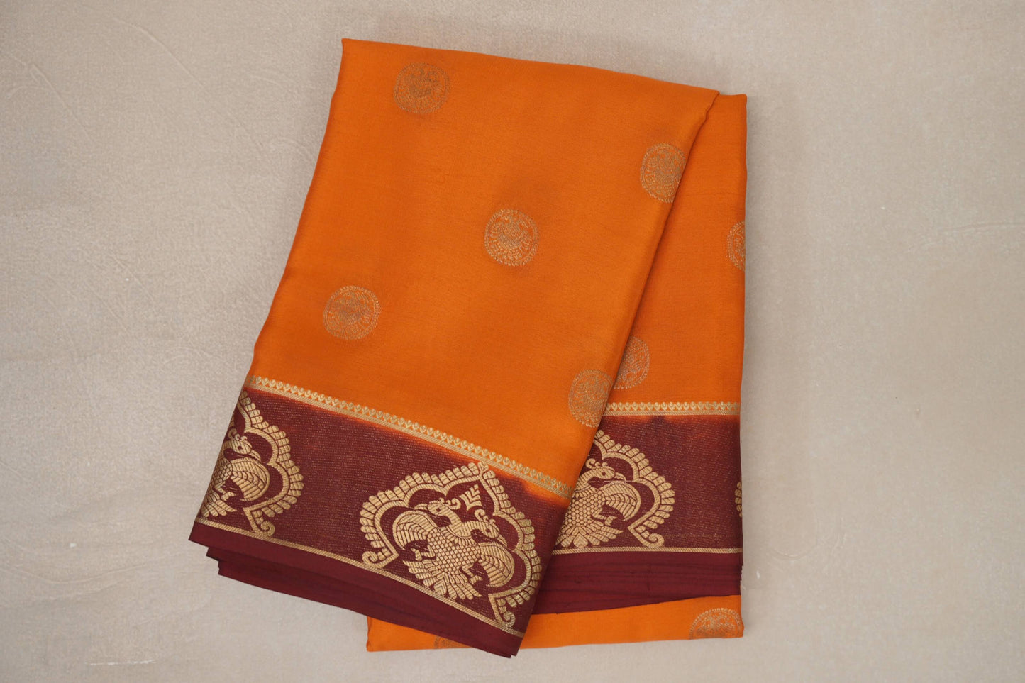 Mustard Orange with Maroon Borders Mysore Silk Saree