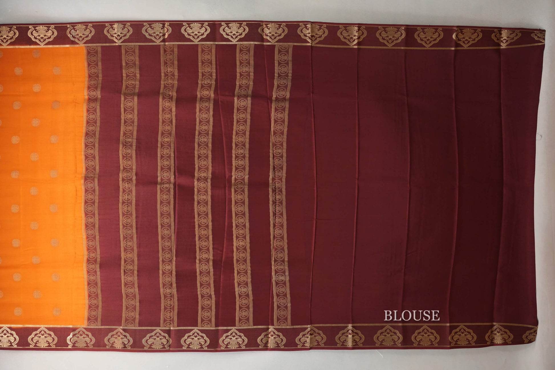 Mustard Orange with Maroon Borders Mysore Silk Saree blouse