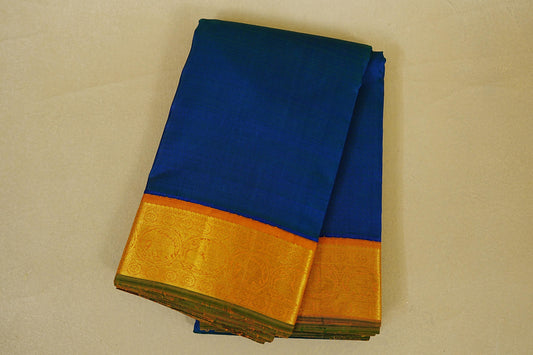 Folded Peacock Blue with Mustard with Green Selvedge Borders Vintage Kanjivaram Silk Saree