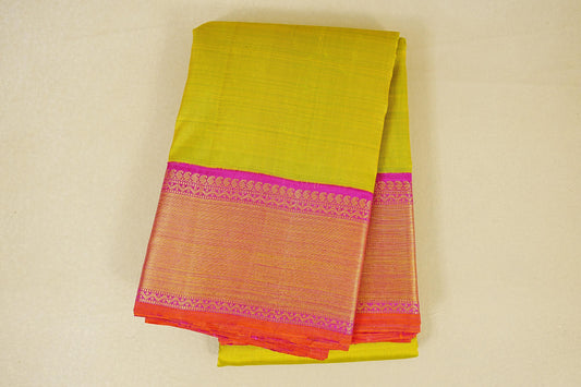 folded Dual Tone of Green and Yellow with Rani Pink Borders Vintage Kanjivaram Silk Saree