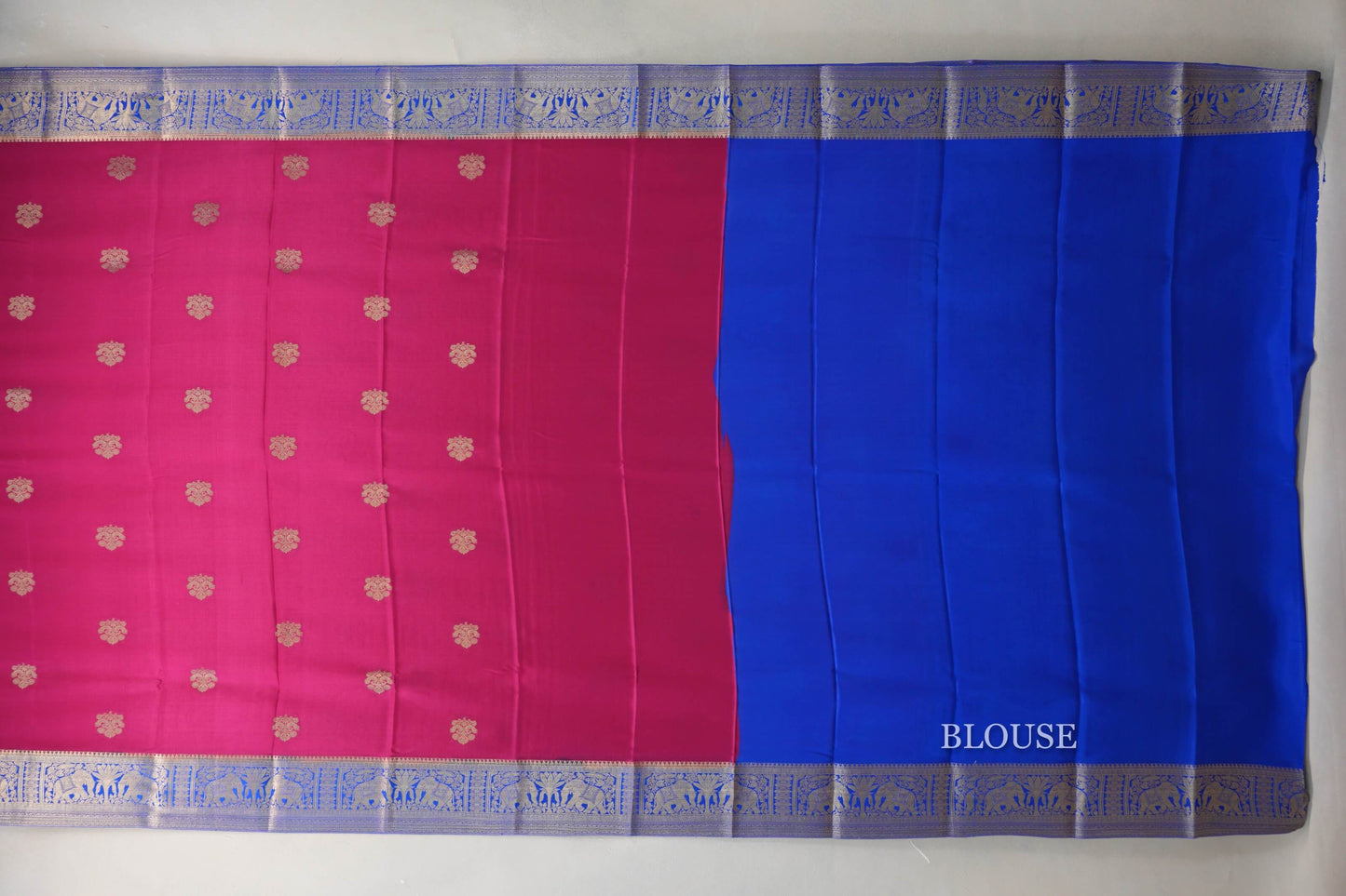 Rani Pink with Royal Blue Borders Mysore Silk Saree blouse