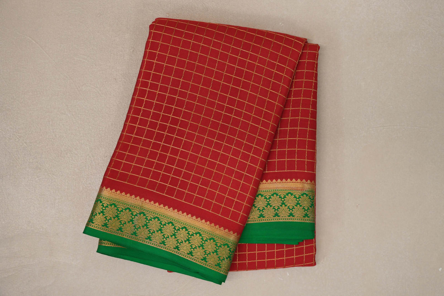 Chilli Red with Emerald Green Borders Mysore Silk Saree