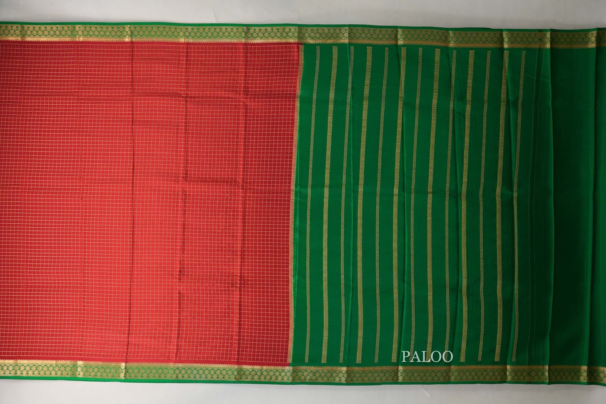 Chilli Red with Emerald Green Borders Mysore Silk Saree paloo