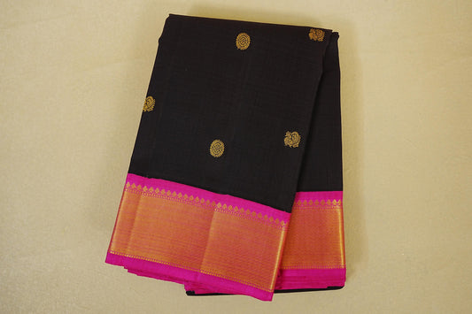 Folded Dark Navy Blue with Rani Pink Borders Vintage Kanjivaram Silk Saree 