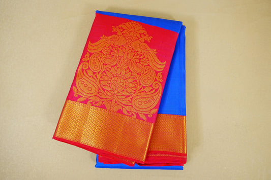 Folded Royal Blue with Reddish Pink Borders Vintage Kanjivaram Silk Saree