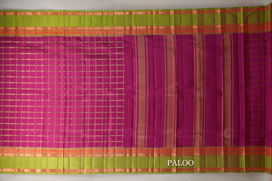 Bright Magenta Pink with Rettai Pettu Borders Vintage Kanjivaram Silk Saree paloo