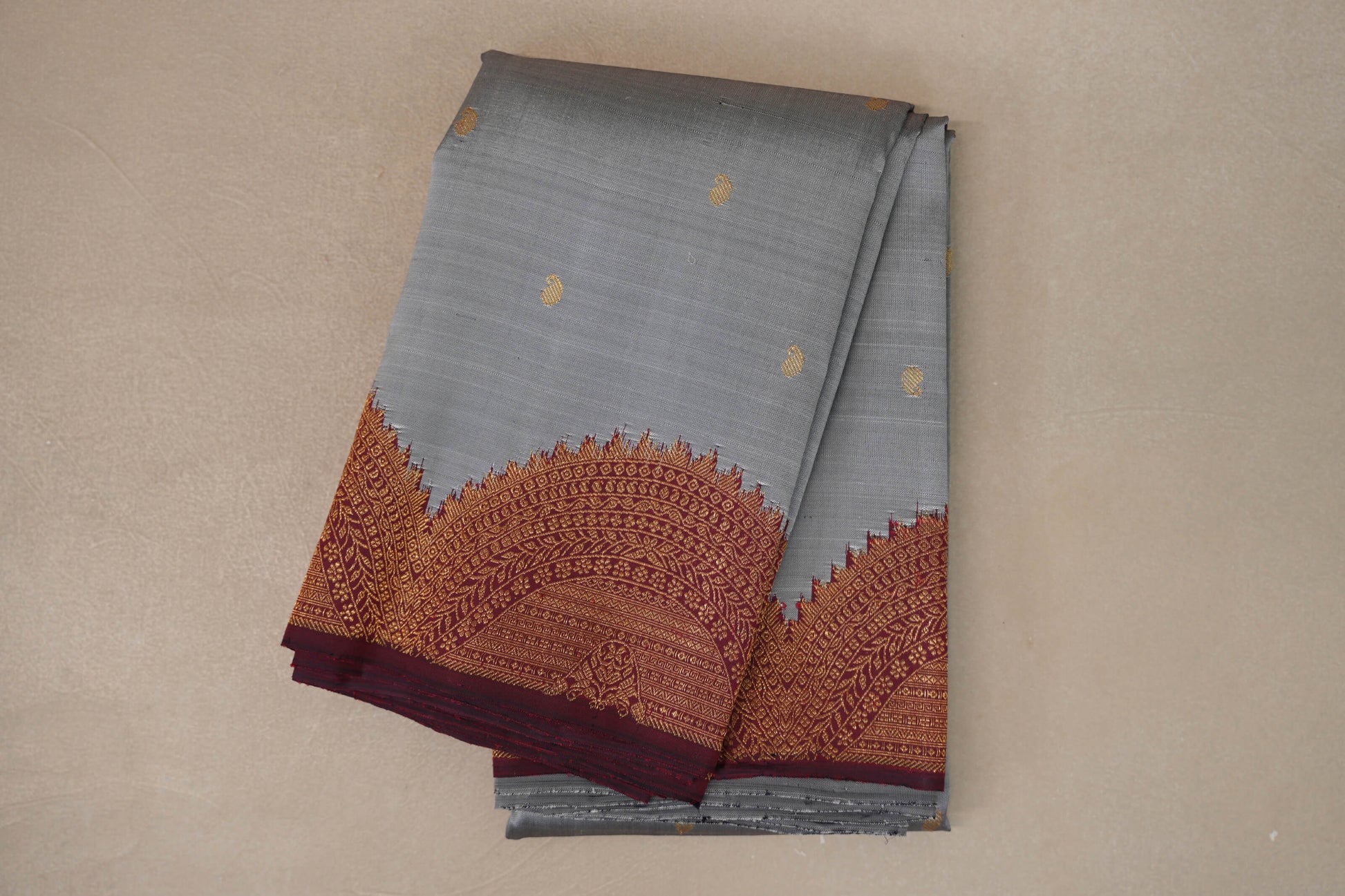 Silver Grey with Deep Maroon Borders Vintage Kanjivaram Silk Saree