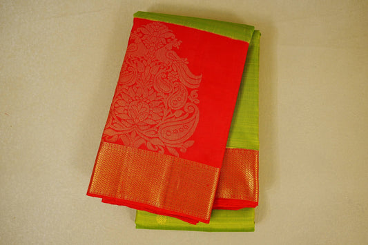 Folded Parrot Green with Red Borders Vintage Kanjivaram Silk Saree
