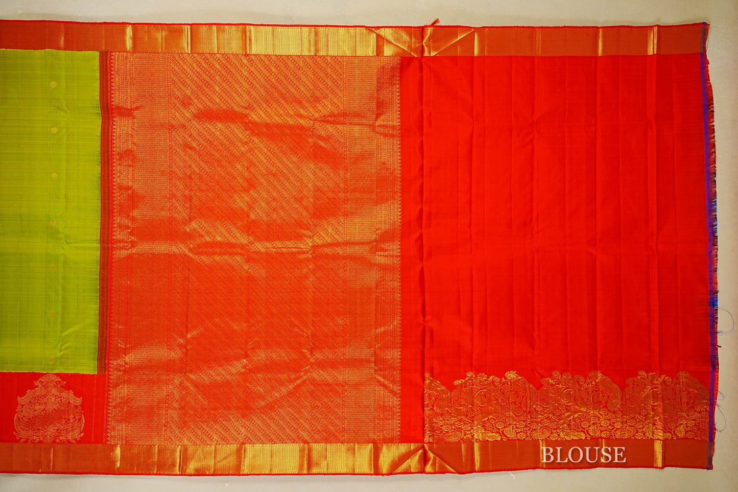 Parrot Green with Red Borders Vintage Kanjivaram Silk Saree Blouse