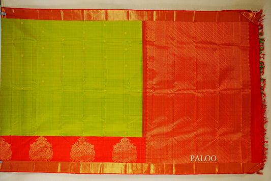 Parrot Green with Red Borders Vintage Kanjivaram Silk Saree paloo