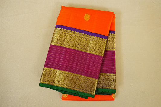 Folded Bright Orange Vintage Kanjivaram Silk Saree 