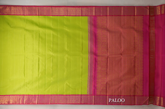 Parrot Green with Orangish Pink Borders Vintage Kanjivaram Silk Saree paloo