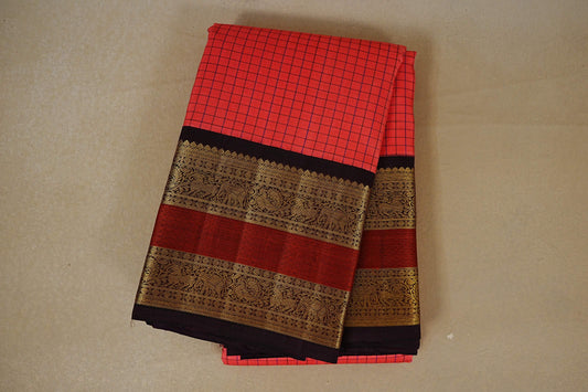 FOLDED Peach with Dark Coffee Brown Borders with Rust Thread Weaving Borders Vintage Kanjivaram Silk Saree