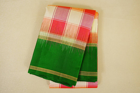 folded Multi Color Checks with Bottle Green Borders Light Weight Kanchipuram Silk Saree