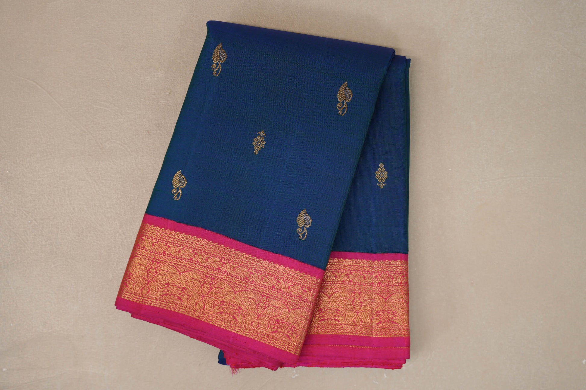 Peacock Blue with Orangish Pink Borders Vintage Kanjivaram Silk Saree