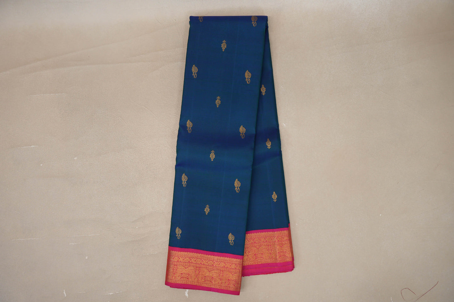 Online Peacock Blue with Orangish Pink Borders Vintage Kanjivaram Silk Saree