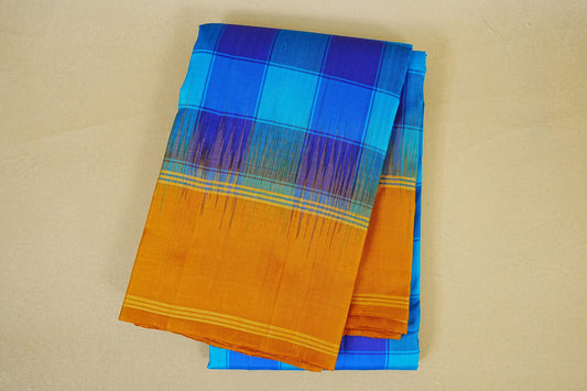 folded Multi Color Checks with Mustard Orange Borders Light Weight Kanchipuram Silk Saree