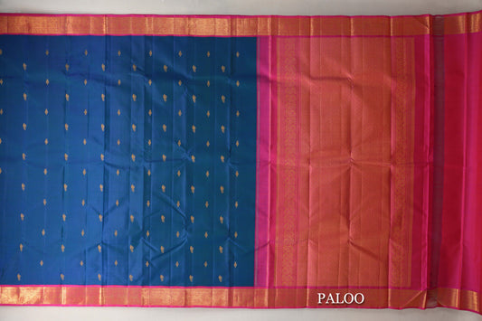 Peacock Blue with Orangish Pink Borders Vintage Kanjivaram Silk Saree paloo