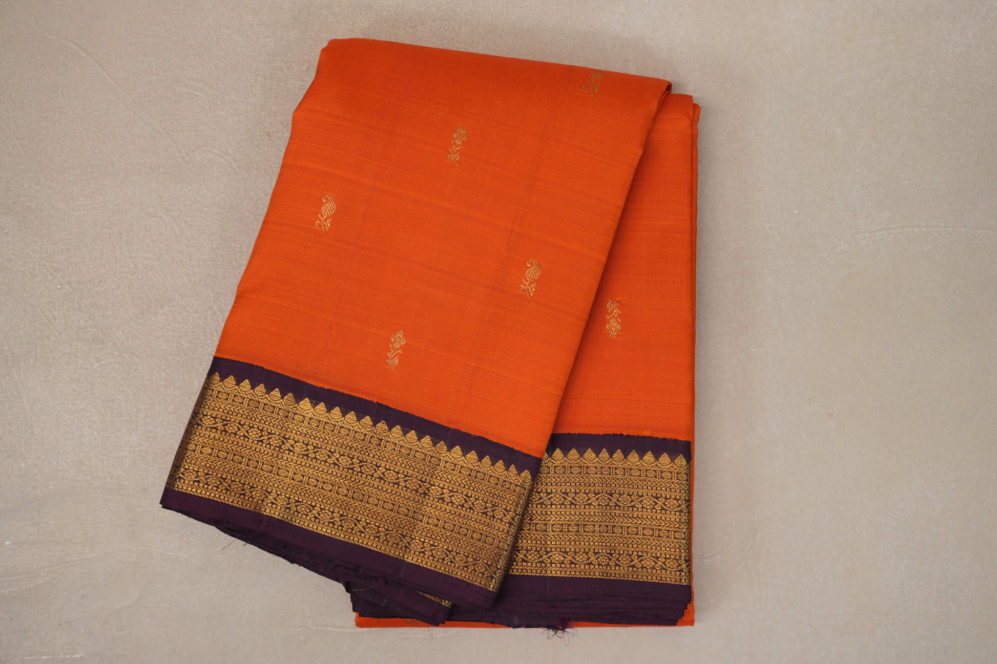 Bright Orange with Deep Plum Borders Vintage Kanjivaram Silk Saree