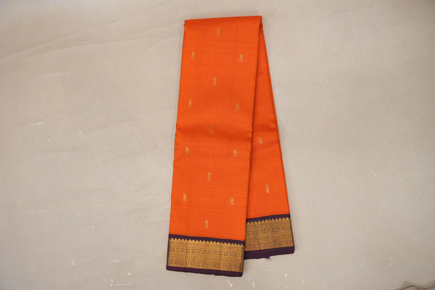 Online Bright Orange with Deep Plum Borders Vintage Kanjivaram Silk Saree