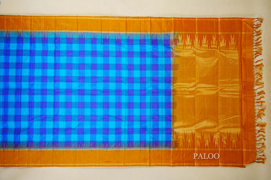 Multi Color Checks with Mustard Orange Borders Light Weight Kanchipuram Silk Saree paloo