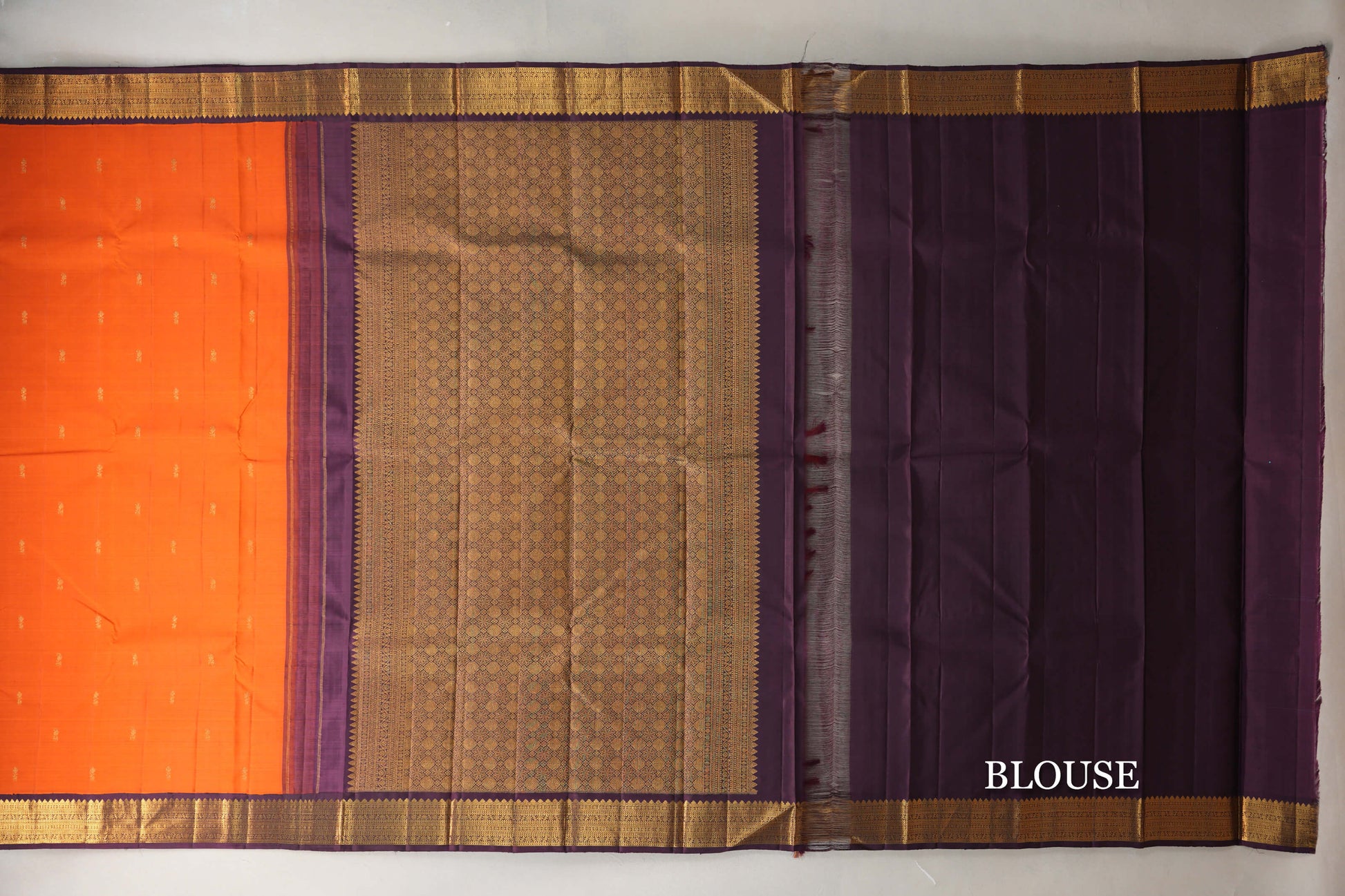 Bright Orange with Deep Plum Borders Vintage Kanjivaram Silk Saree blouse