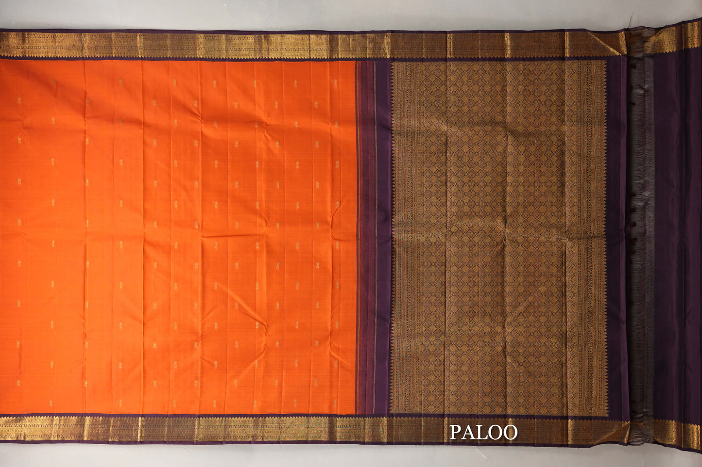 Bright Orange with Deep Plum Borders Vintage Kanjivaram Silk Saree paloo