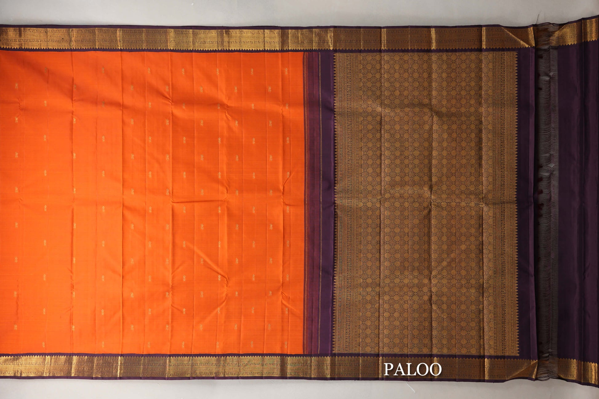 Bright Orange with Deep Plum Borders Vintage Kanjivaram Silk Saree paloo