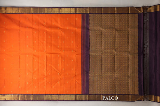 Bright Orange with Deep Plum Borders Vintage Kanjivaram Silk Saree paloo