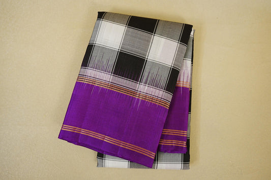 Folded Black and White Checks with Purple Borders Light Weight Kanchipuram Silk Saree 