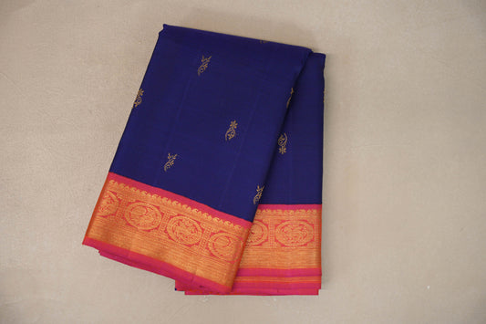 Deep Blue with Orangish Pink Borders Vintage Kanjivaram Silk Saree