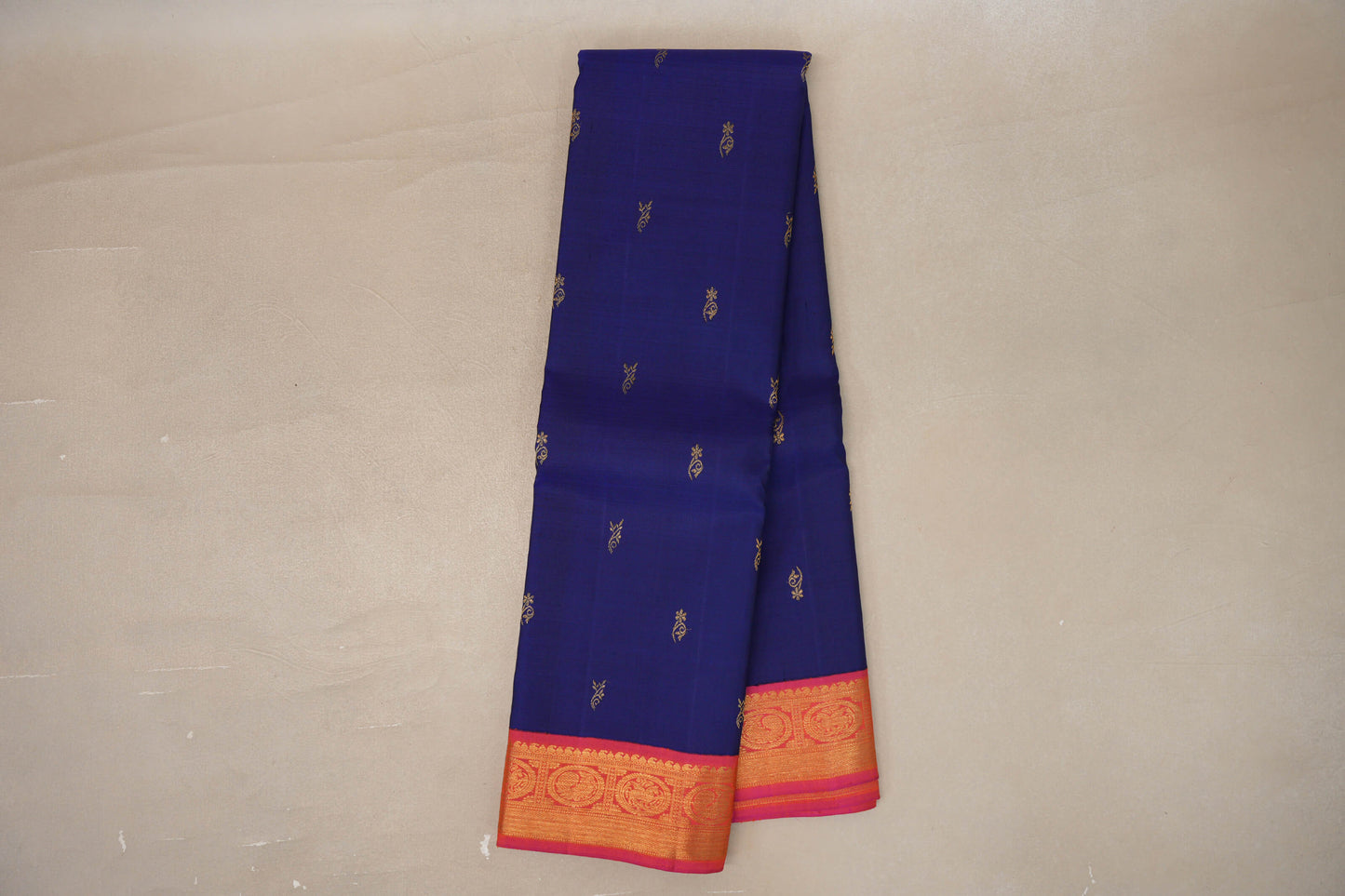 Online Deep Blue with Orangish Pink Borders Vintage Kanjivaram Silk Saree
