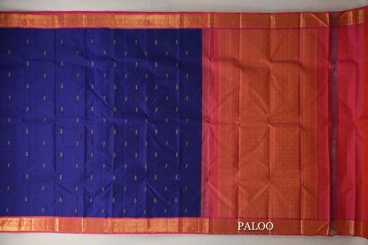 Deep Blue with Orangish Pink Borders Vintage Kanjivaram Silk Saree paloo