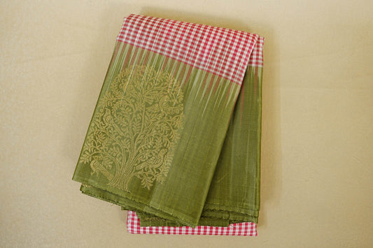 Folded Pink and White Checks with Olive Green Borders Light Weight Kanchipuram Silk Saree 