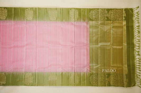 Pink and White Checks with Olive Green Borders Light Weight Kanchipuram Silk Saree paloo