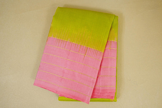 Folded Parrot Green with Light Pink Borders Light Weight Kanchipuram Silk Saree