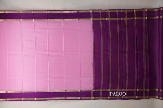 Light Rose Pink with Deep Purple Borders Mysore Silk Saree paloo