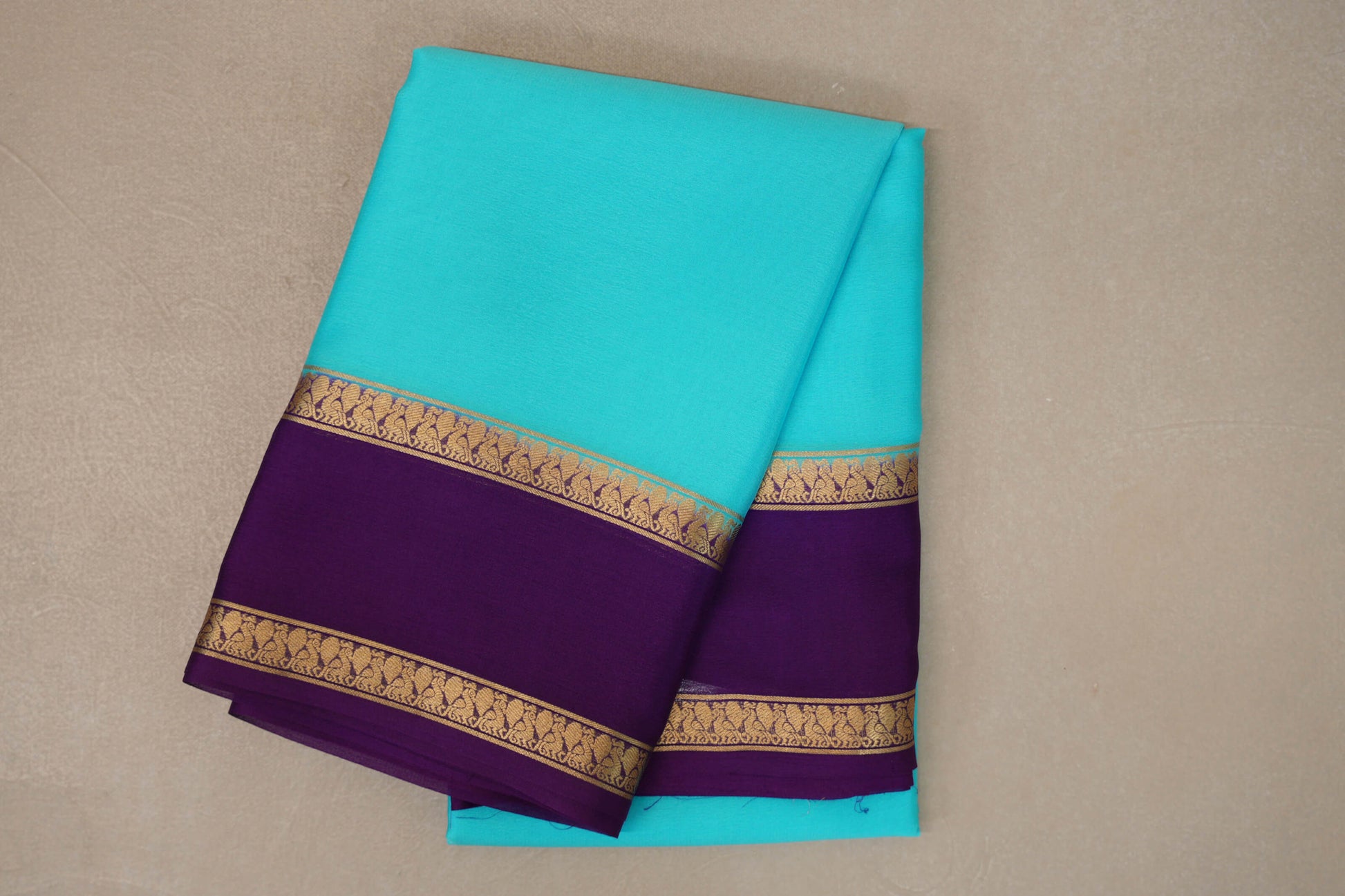 Aqua Blue with Deep Purple Borders Mysore Silk Saree