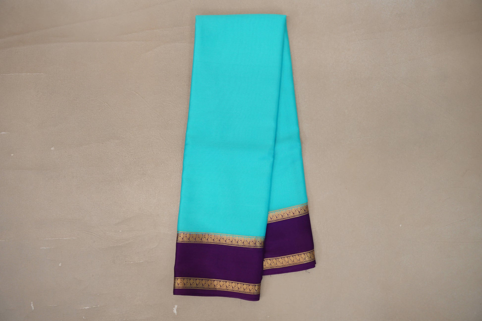 Online Aqua Blue with Deep Purple Borders Mysore Silk Saree