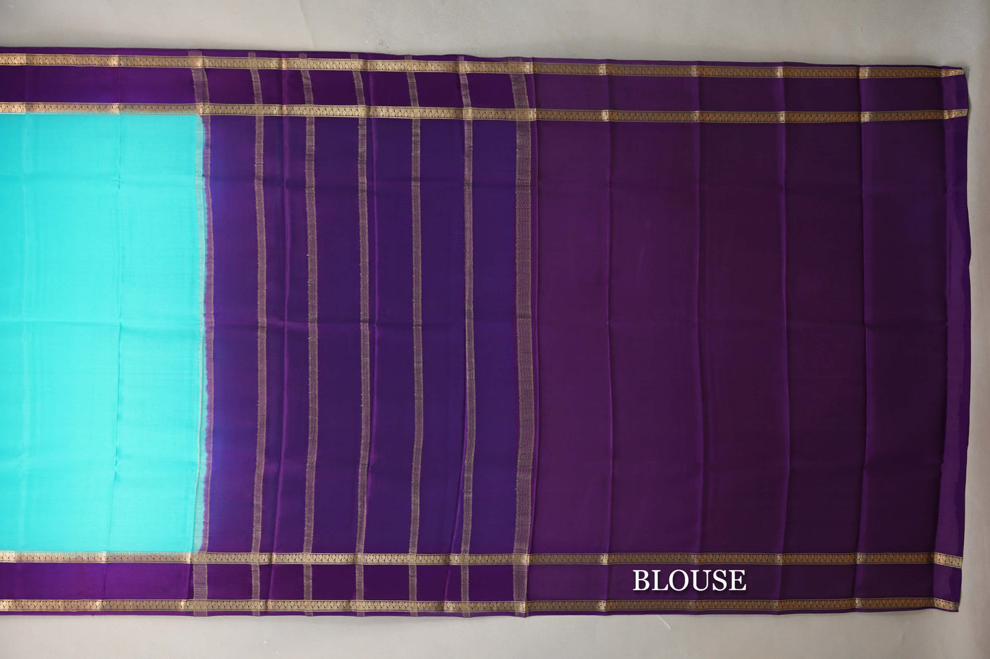 Aqua Blue with Deep Purple Borders Mysore Silk Saree blouse