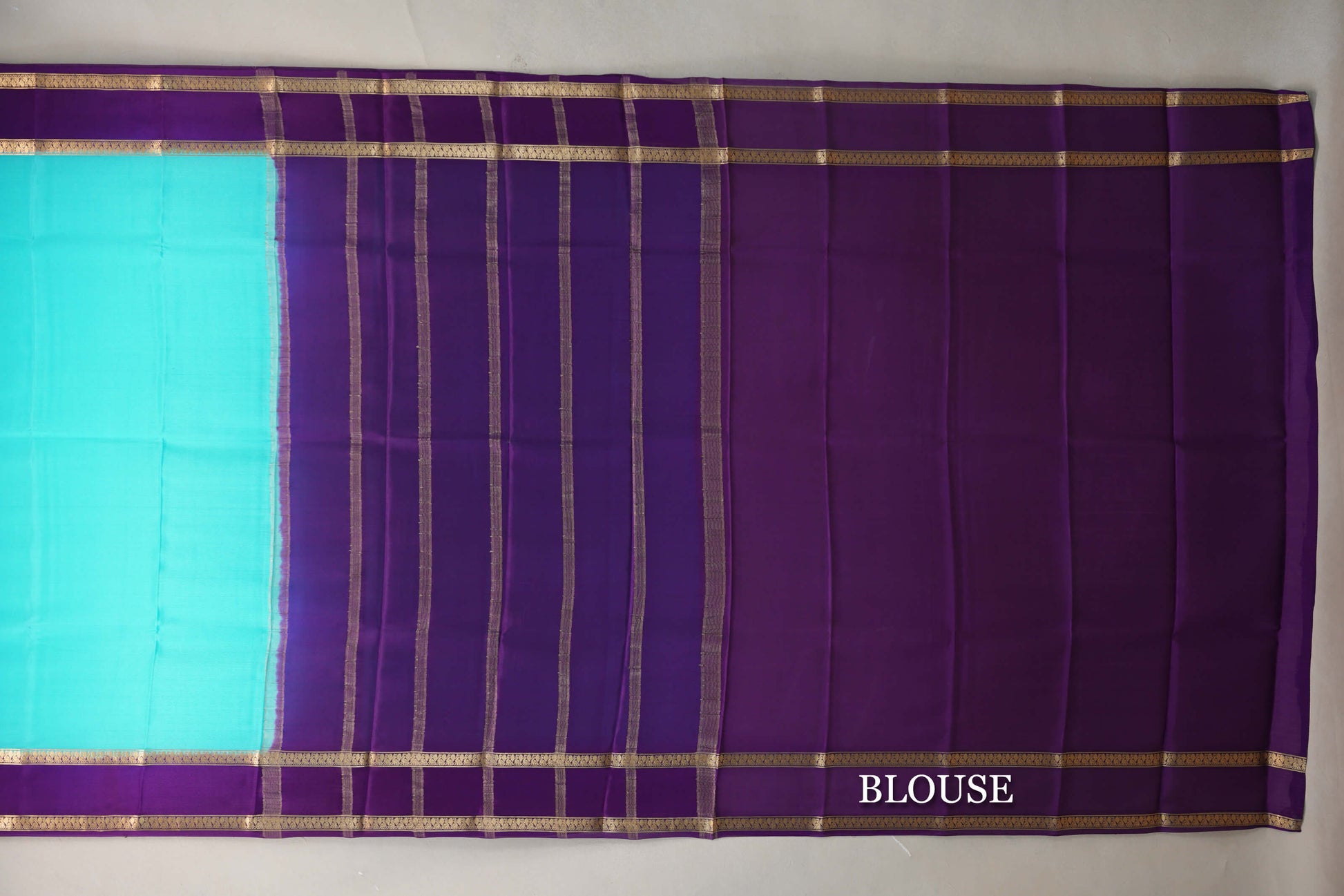 Aqua Blue with Deep Purple Borders Mysore Silk Saree blouse