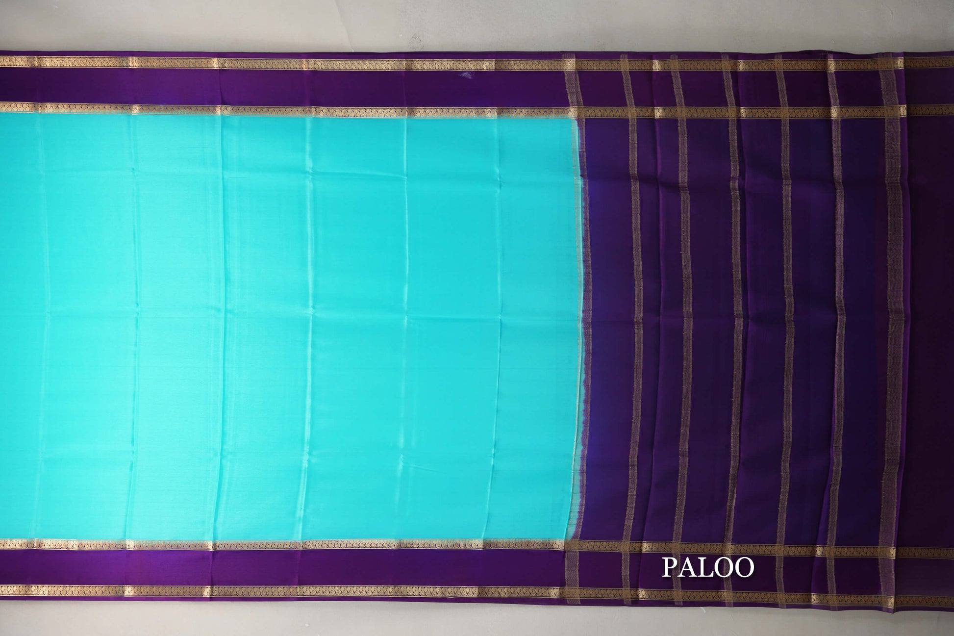 Aqua Blue with Deep Purple Borders Mysore Silk Saree paloo