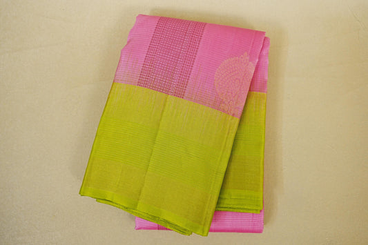 Folded Light Pink with Lemon Green Borders Light Weight Kanchipuram Silk Saree