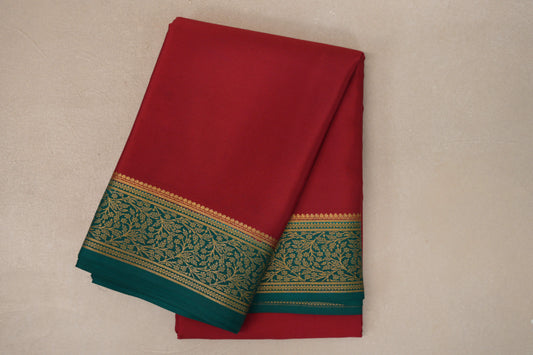 Deep Red with Teal Green Borders Mysore Silk Saree
