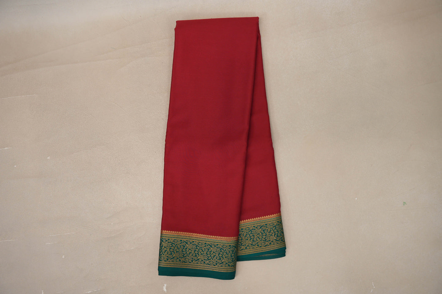 Online Deep Red with Teal Green Borders Mysore Silk Saree