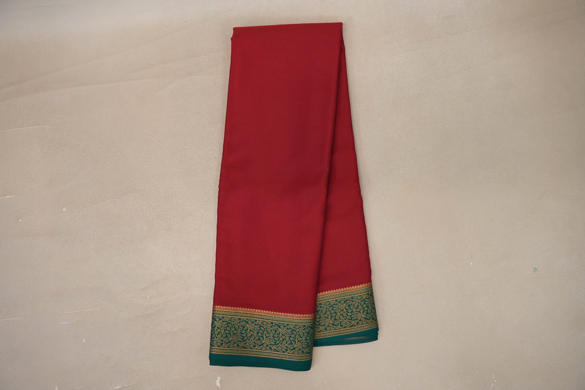 Online Deep Red with Teal Green Borders Mysore Silk Saree