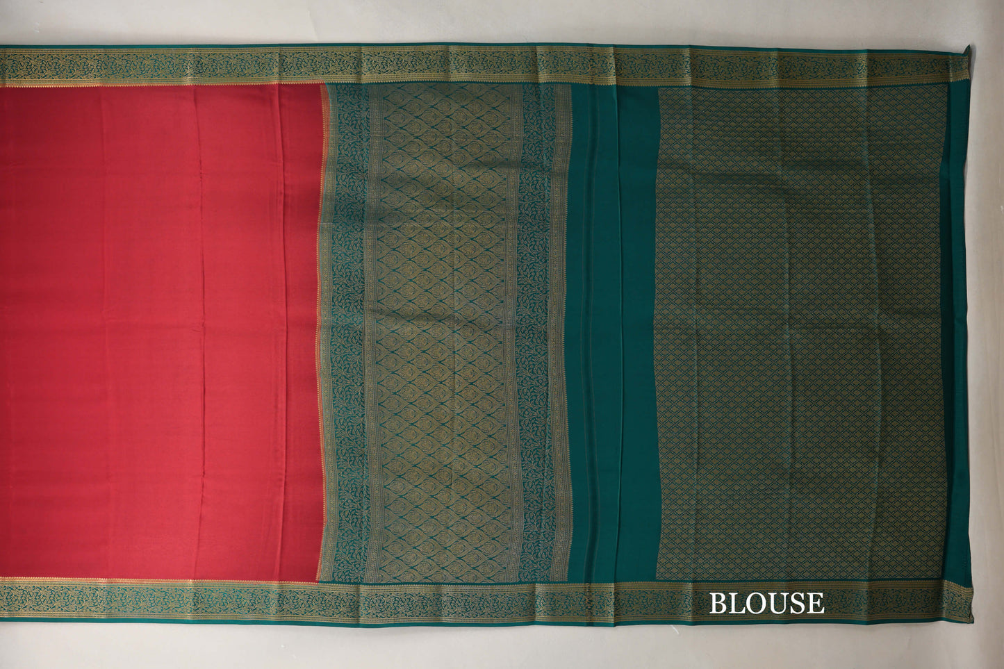 Deep Red with Teal Green Borders Mysore Silk Saree blouse