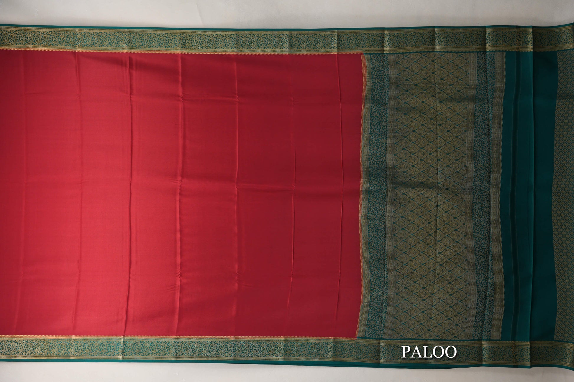 Deep Red with Teal Green Borders Mysore Silk Saree paloo