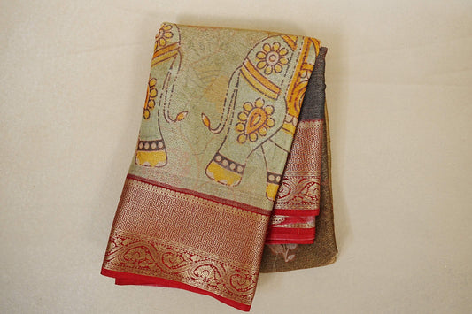 Folded Dual Tone Pastel Green with Antique Gold Mysore Silk Saree