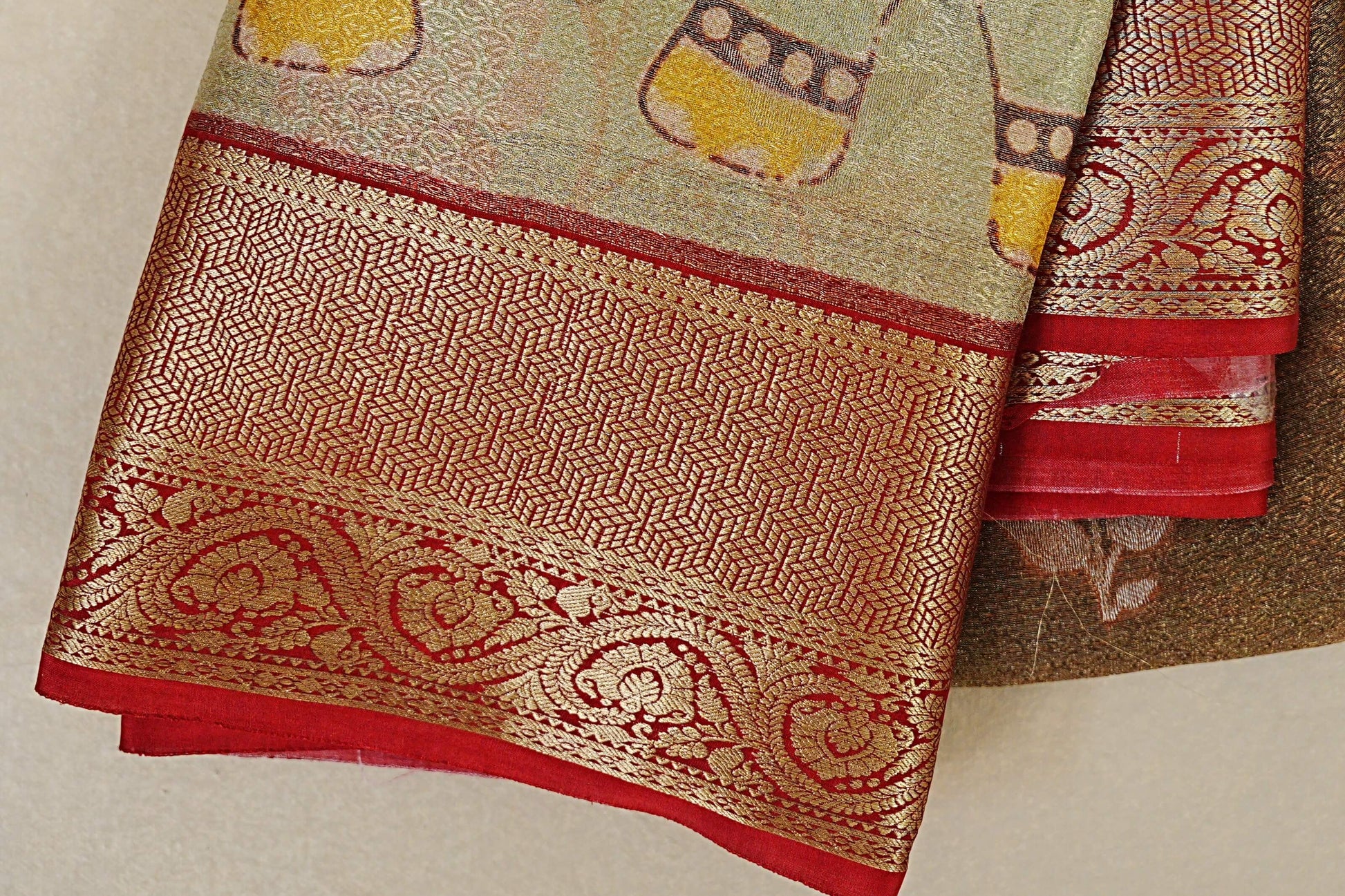 Dual Tone Pastel Green with Antique Gold Mysore Silk Saree border zoom